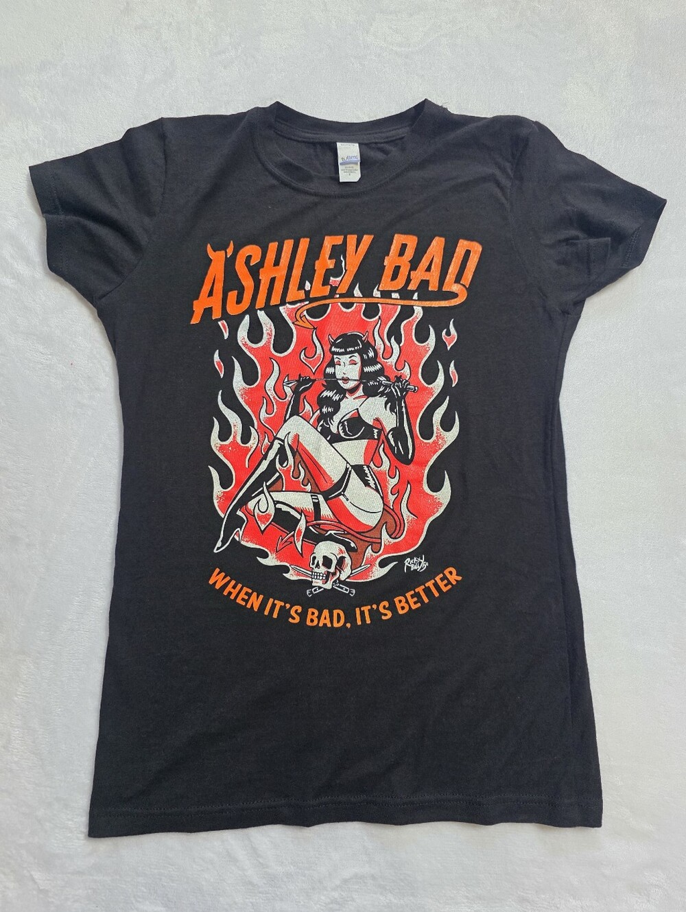 Ashley Bad Pin Up Graphic Tee Black Rockabilly Goth Y2K S